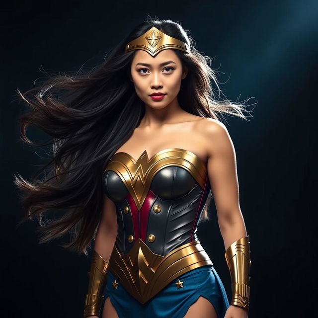 An Asian young lady embodying Wonder Woman, with long, flowing hair waving gently as she stands boldly in front of a dark background