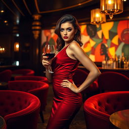 A bold and alluring woman in an elegant red dress, standing confidently in a dimly lit upscale bar