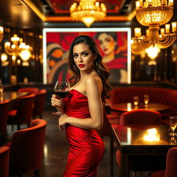 A bold and alluring woman in an elegant red dress, standing confidently in a dimly lit upscale bar