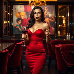 A bold and alluring woman in an elegant red dress, standing confidently in a dimly lit upscale bar