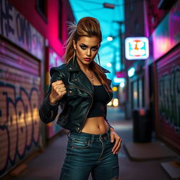 A fierce and confident woman standing in a striking pose, her expression radiating power and self-assurance