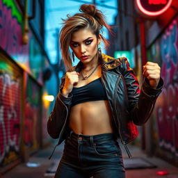 A fierce and confident woman standing in a striking pose, her expression radiating power and self-assurance