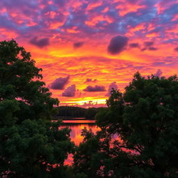 A stunning landscape photograph showcasing a vibrant sunset over a serene lake, reflecting the colorful sky filled with hues of orange, pink, and purple