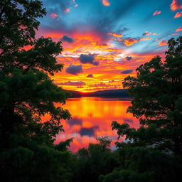 A stunning landscape photograph showcasing a vibrant sunset over a serene lake, reflecting the colorful sky filled with hues of orange, pink, and purple