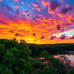 A stunning landscape photograph showcasing a vibrant sunset over a serene lake, reflecting the colorful sky filled with hues of orange, pink, and purple