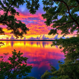 A stunning landscape photograph showcasing a vibrant sunset over a serene lake, reflecting the colorful sky filled with hues of orange, pink, and purple