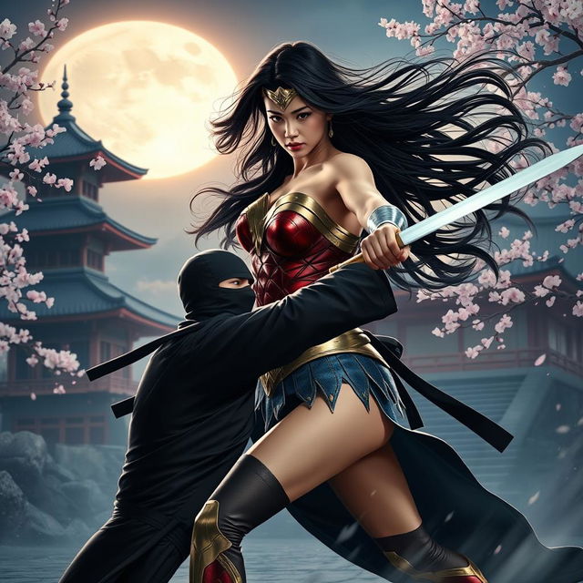 An Asian young lady embodying Wonder Woman, with long, flowing hair that waves in the night breeze