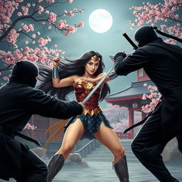 An Asian young lady embodying Wonder Woman, with long, flowing hair that waves in the night breeze