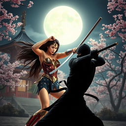 An Asian young lady embodying Wonder Woman, with long, flowing hair that waves in the night breeze