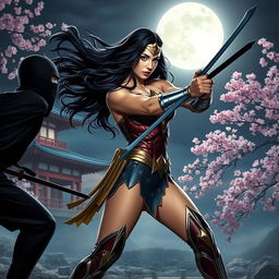 An Asian young lady embodying Wonder Woman, with long, flowing hair that waves in the night breeze