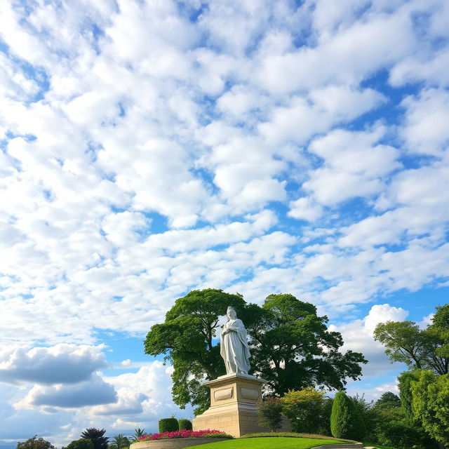 A beautiful, wide landscape featuring a stunning sky filled with soft, fluffy clouds in a gradient of blues and whites, creating a serene atmosphere