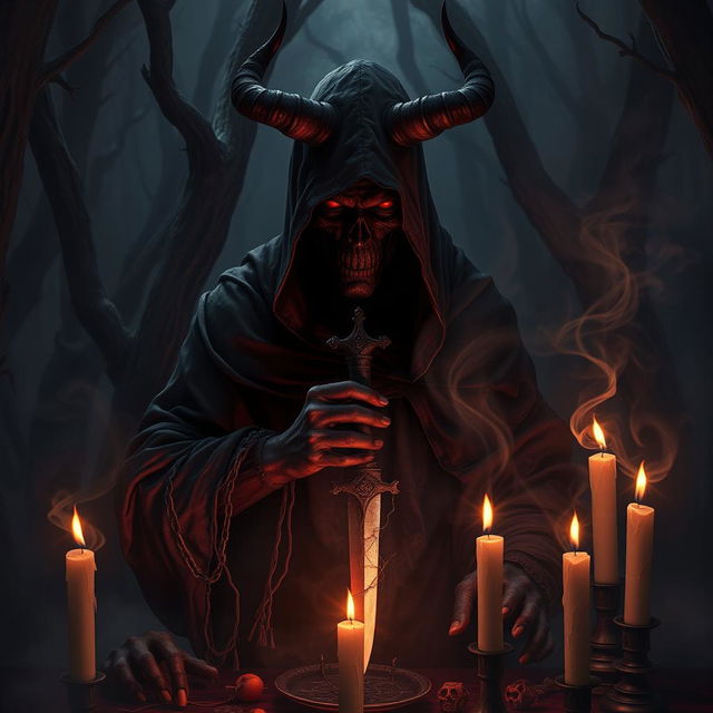 A dark and brooding scene featuring a terrible devil worshipper embodying extreme devotion to dark powers