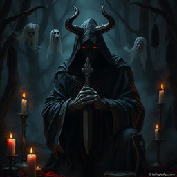 A dark and brooding scene featuring a terrible devil worshipper embodying extreme devotion to dark powers