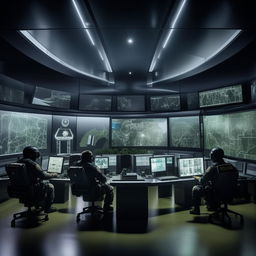 A well-lit SWAT control room styled glass penthouse office with five officers seated at arc console and screens, and another officer at a separate desk and screen, styled in accordance with architectural features in the provided link.