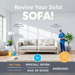 Promotional poster for a professional sofa cleaning service featuring a clean, modern living room setting with a beautifully restored sofa