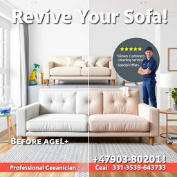 Promotional poster for a professional sofa cleaning service featuring a clean, modern living room setting with a beautifully restored sofa