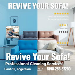 Promotional poster for a professional sofa cleaning service featuring a clean, modern living room setting with a beautifully restored sofa