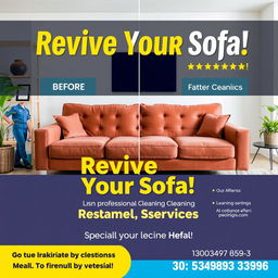 Promotional poster for a professional sofa cleaning service featuring a clean, modern living room setting with a beautifully restored sofa