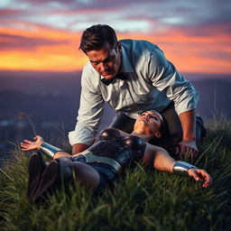 An intense scene depicting an angry man wearing a white shirt with folded sleeves and a black bow tie, kneeling over an unconscious Wonder Woman