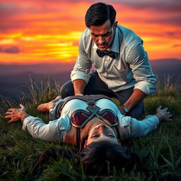 An intense scene depicting an angry man wearing a white shirt with folded sleeves and a black bow tie, kneeling over an unconscious Wonder Woman
