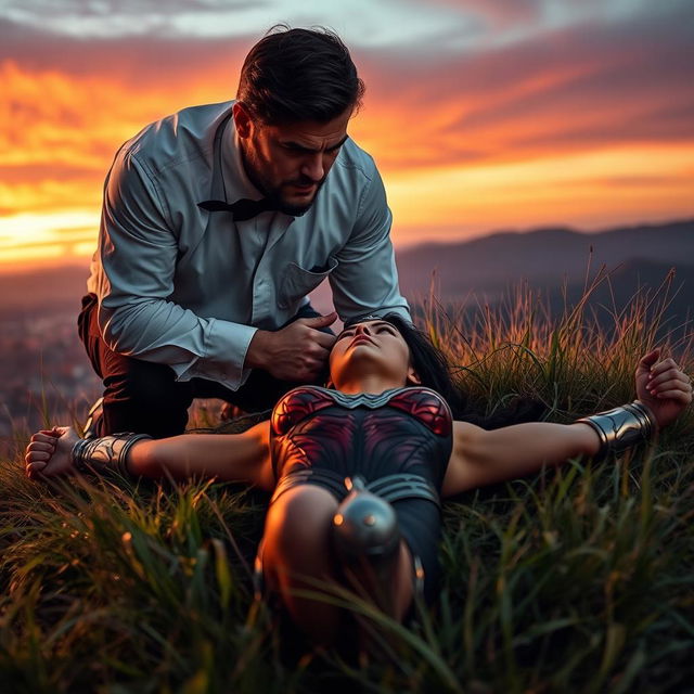 An intense scene depicting an angry man wearing a white shirt with folded sleeves and a black bow tie, kneeling over an unconscious Wonder Woman