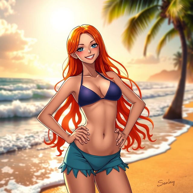 A stunning character inspired by Nami from One Piece, depicted with vibrant orange hair, wearing a stylish bikini