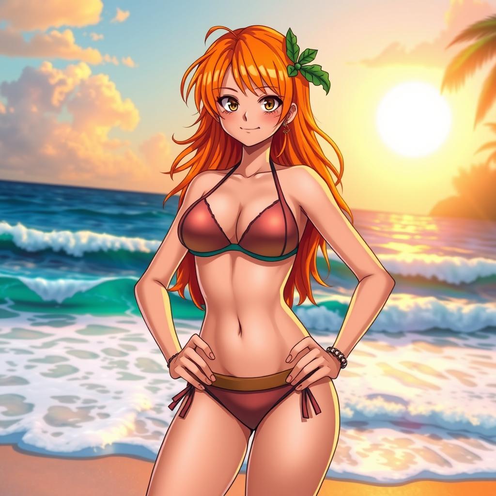 A stunning character inspired by Nami from One Piece, depicted with vibrant orange hair, wearing a stylish bikini