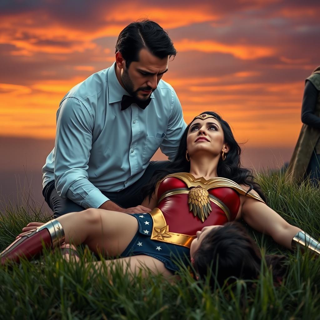 An intense scene depicting an angry man wearing a white shirt with folded sleeves and a black bow tie, kneeling over an unconscious Wonder Woman