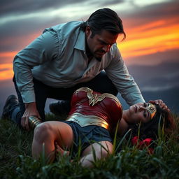 An intense scene depicting an angry man wearing a white shirt with folded sleeves and a black bow tie, kneeling over an unconscious Wonder Woman