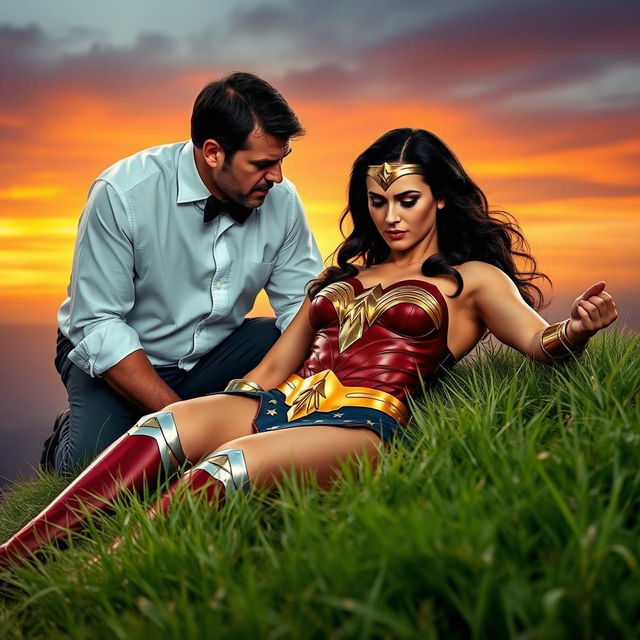 An intense scene depicting an angry man wearing a white shirt with folded sleeves and a black bow tie, kneeling over an unconscious Wonder Woman