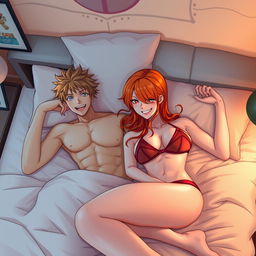 Nami, the iconic orange-haired pirate from One Piece, lounging playfully in a stylish bikini while resting in bed with Yuji, the energetic protagonist from Jujutsu Kaisen