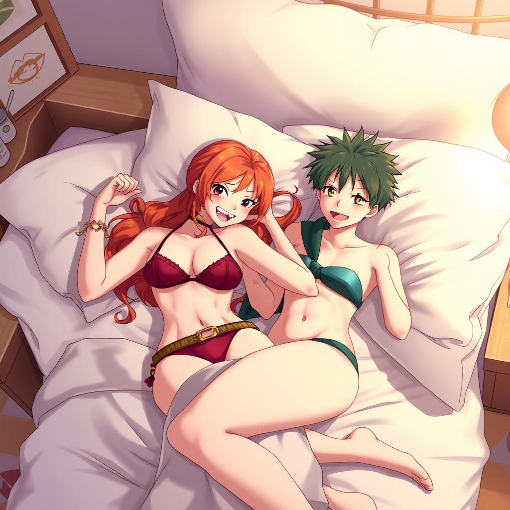 Nami, the iconic orange-haired pirate from One Piece, lounging playfully in a stylish bikini while resting in bed with Yuji, the energetic protagonist from Jujutsu Kaisen