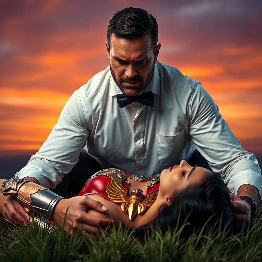 An intense and dramatic scene featuring an angry man wearing a white shirt with folded sleeves and a black bow tie, kneeling over an unconscious Wonder Woman