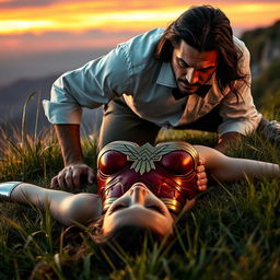 An intense and dramatic scene featuring an angry man wearing a white shirt with folded sleeves and a black bow tie, kneeling over an unconscious Wonder Woman
