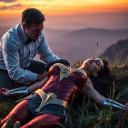 An intense and dramatic scene featuring an angry man wearing a white shirt with folded sleeves and a black bow tie, kneeling over an unconscious Wonder Woman