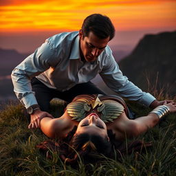 An intense and dramatic scene featuring an angry man wearing a white shirt with folded sleeves and a black bow tie, kneeling over an unconscious Wonder Woman