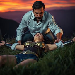 An intense scene featuring an angry man wearing a white shirt with folded sleeves and a black bow tie, kneeling over an unconscious Wonder Woman
