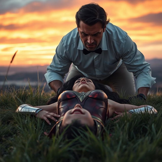 An intense scene featuring an angry man wearing a white shirt with folded sleeves and a black bow tie, kneeling over an unconscious Wonder Woman