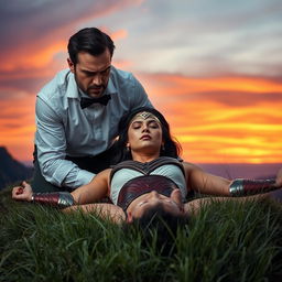 An intense scene featuring an angry man wearing a white shirt with folded sleeves and a black bow tie, kneeling over an unconscious Wonder Woman