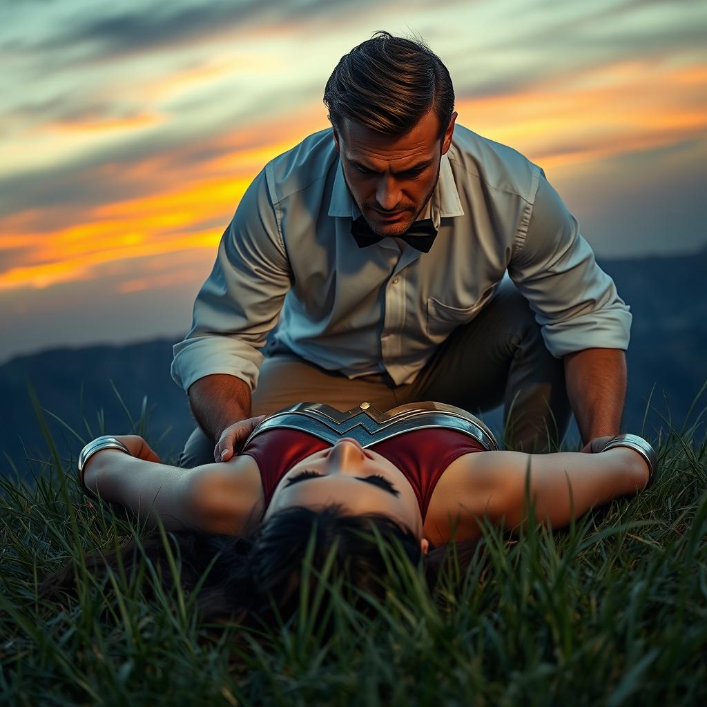 An intense scene featuring an angry man wearing a white shirt with folded sleeves and a black bow tie, kneeling over an unconscious Wonder Woman