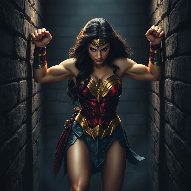 A powerful scene depicting Wonder Woman using her immense strength to push against stone brick walls from both sides, with one hand on each wall