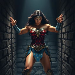 A powerful scene depicting Wonder Woman using her immense strength to push against stone brick walls from both sides, with one hand on each wall