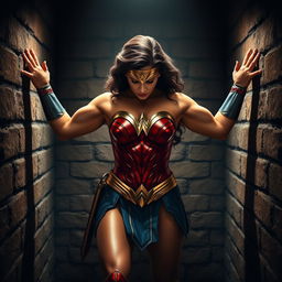 A powerful scene depicting Wonder Woman using her immense strength to push against stone brick walls from both sides, with one hand on each wall