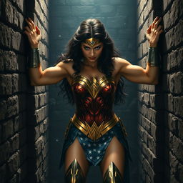 A powerful scene depicting Wonder Woman using her immense strength to push against stone brick walls from both sides, with one hand on each wall