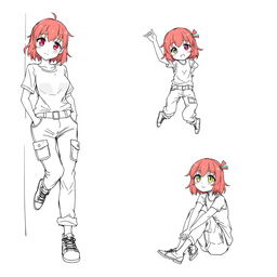 A cool anime girl striking a variety of stylish poses while wearing casual cargo pants
