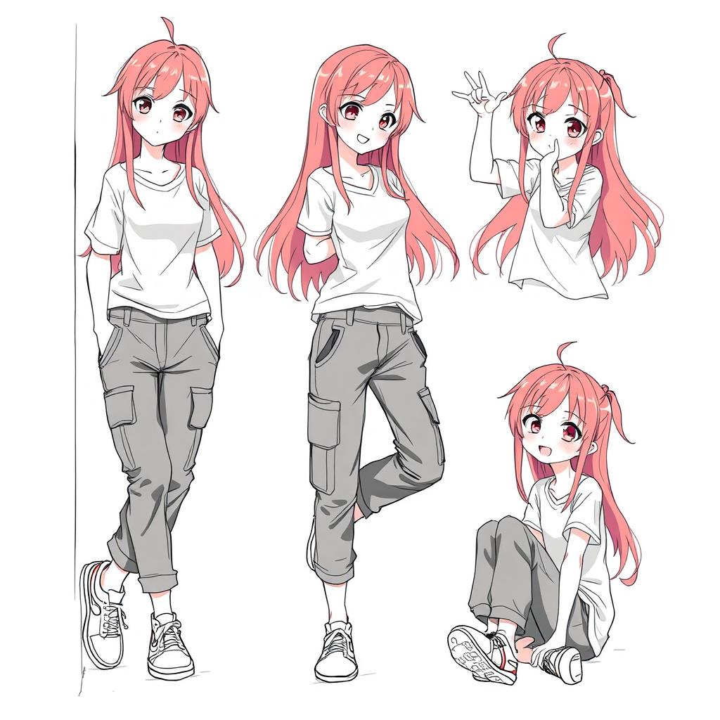 A cool anime girl striking a variety of stylish poses while wearing casual cargo pants