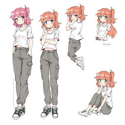 A cool anime girl striking a variety of stylish poses while wearing casual cargo pants