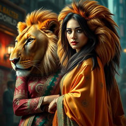A captivating portrait of a fierce mafia boss girl dressed in traditional Pakistani attire, showcasing intricate embroidery and vibrant colors