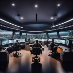 A well-lit SWAT control room styled glass penthouse office with five officers seated at arc console and screens, and another officer at a separate desk and screen, styled in accordance with architectural features in the provided link.