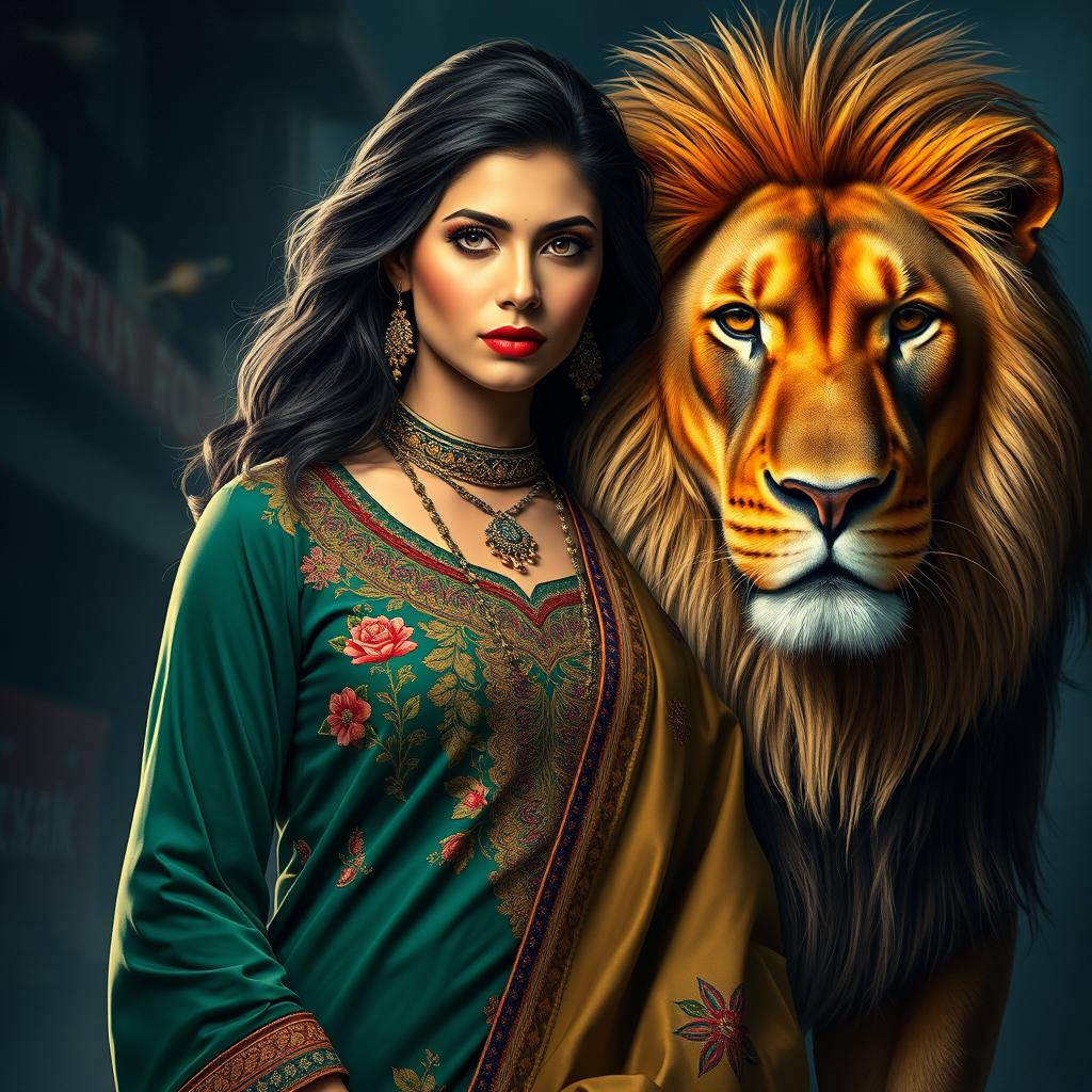 A captivating portrait of a fierce mafia boss girl dressed in traditional Pakistani attire, showcasing intricate embroidery and vibrant colors